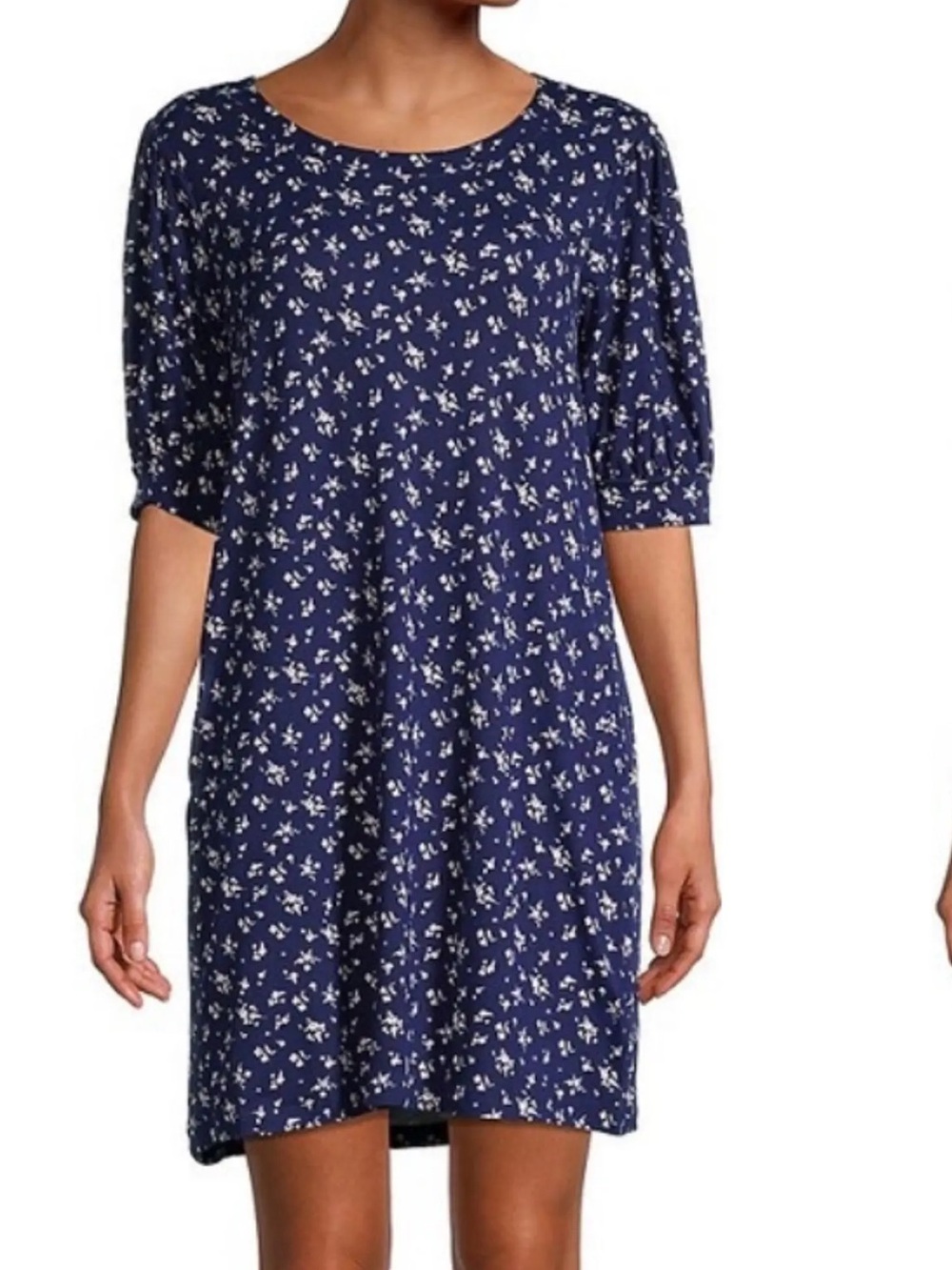 Socialite Womens Sz Small T-Shirt Dress Navy Blue White Floral Short Puff Sleeve